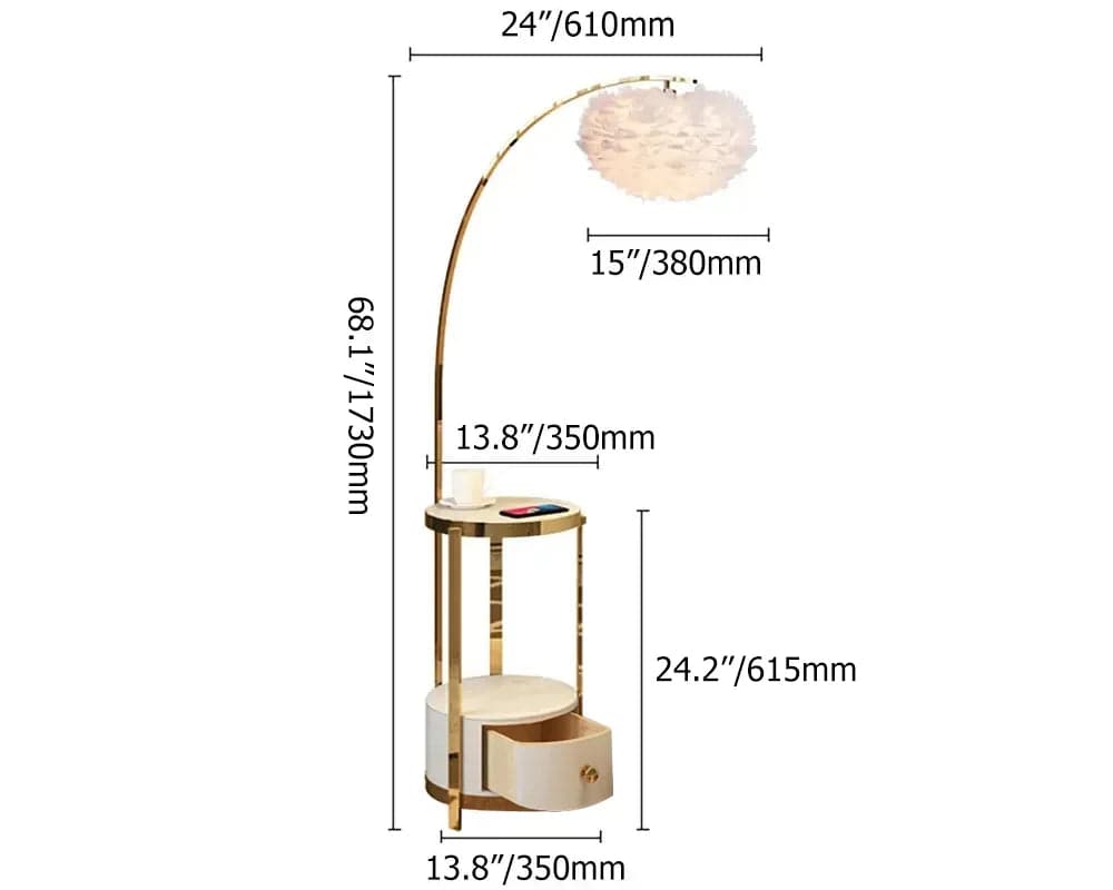 White End Table Feather Overarching Floor Lamp with Wireless Charging & USB Port