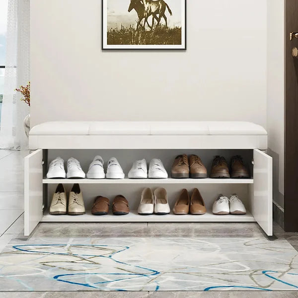 White Entryway Bench with Shoe Storage Leather Upholstered