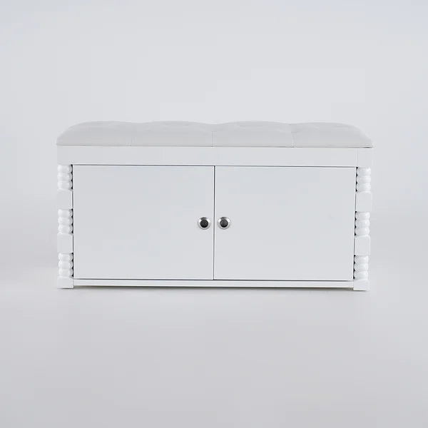 White Entryway Bench with Shoe Storage Leather Upholstered