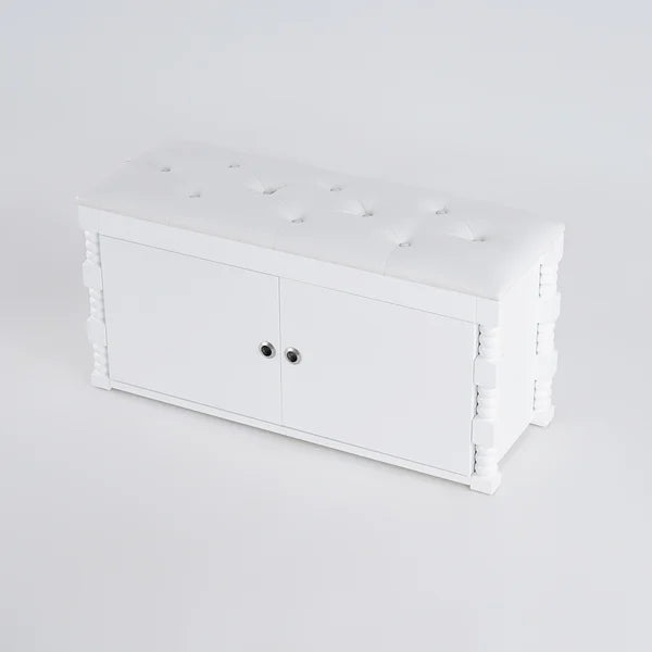 White Entryway Bench with Shoe Storage Leather Upholstered