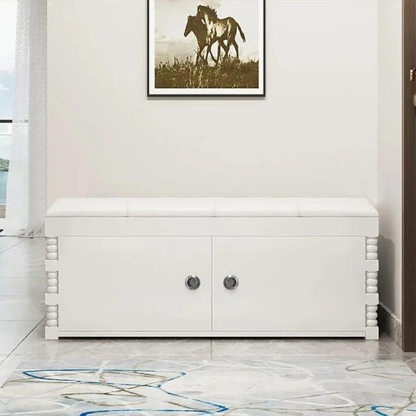 White Entryway Bench with Shoe Storage Leather Upholstered