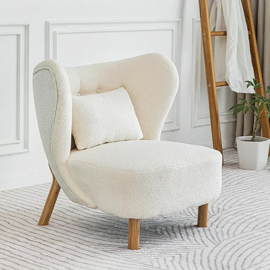 White Lamb Wool Accent Chair Wingback Chair in Wooden Frame