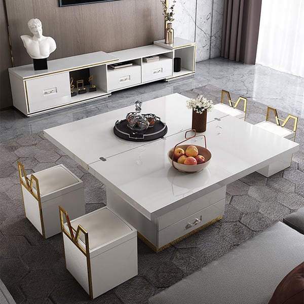 Ensemble de table basse relevable moderne blanche avec rangement et tabourets, table d'appoint extensible