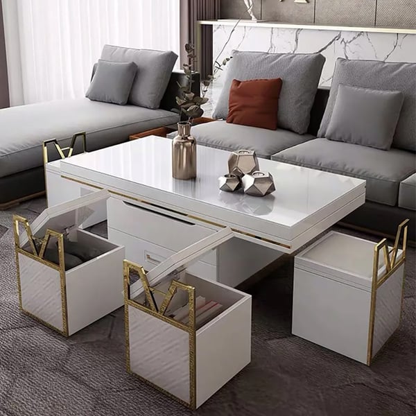 Ensemble de table basse relevable moderne blanche avec rangement et tabourets, table d'appoint extensible