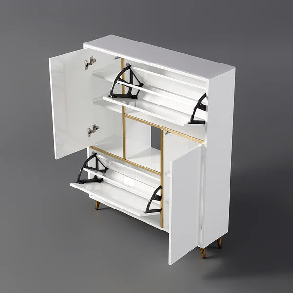 Armoire de rangement pour chaussures moderne blanche, 17 paires, 2 portes, avec étagères et tiroirs escamotables
