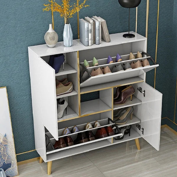 Armoire de rangement pour chaussures moderne blanche, 17 paires, 2 portes, avec étagères et tiroirs escamotables