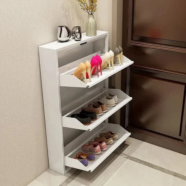 White Narrow Shoe Storage Cabinet Wall Mounted in Large