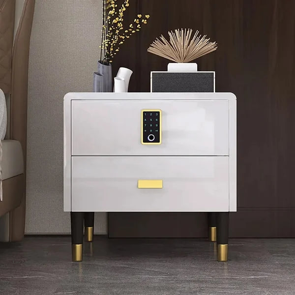 White Nightstand Luxury Intelligent Lock 2-Drawer Lacquered Nightstand