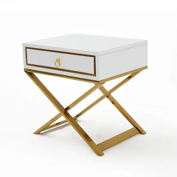 White Nightstand with Drawer Bedside Table with X-Shaped Stainless Steel Base