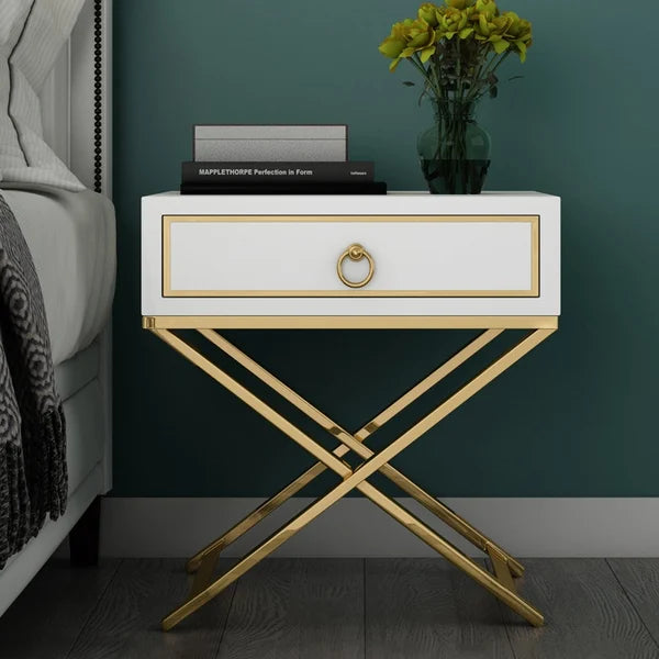 White Nightstand with Drawer Bedside Table with X-Shaped Stainless Steel Base