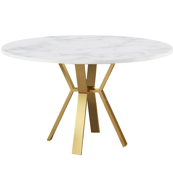 Table de salle à manger ronde en faux marbre blanc, table moderne pour manger avec base en métal doré