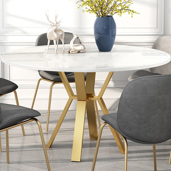 White Round Faux Marble Dining Table Modern Table for Dining with Metal Base in Gold