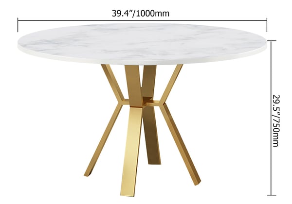 White Round Faux Marble Dining Table Modern Table for Dining with Metal Base in Gold