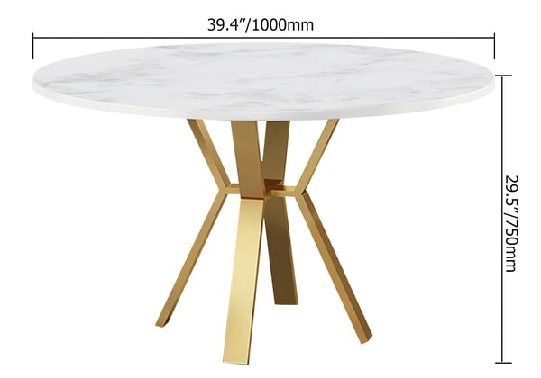 Table de salle à manger ronde en faux marbre blanc, table moderne pour manger avec base en métal doré