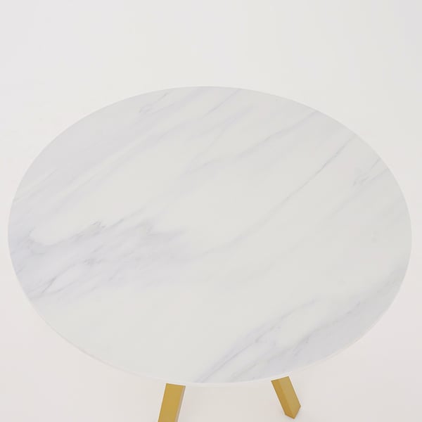 Table de salle à manger ronde en faux marbre blanc, table moderne pour manger avec base en métal doré