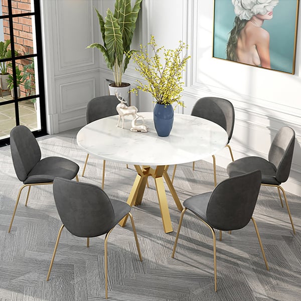 Table de salle à manger ronde en faux marbre blanc, table moderne pour manger avec base en métal doré