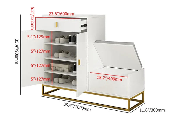 Banc de rangement pour chaussures blanc, 4 étagères, chaussures rembourrées en cuir PU avec tiroirs et dessus rabattable