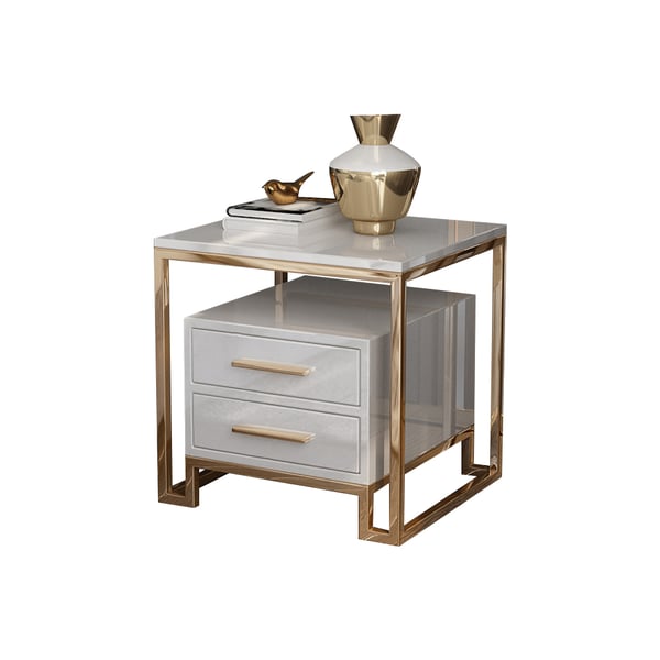 White Side Table with Two-Drawer End Table Stainless Steel in Gold