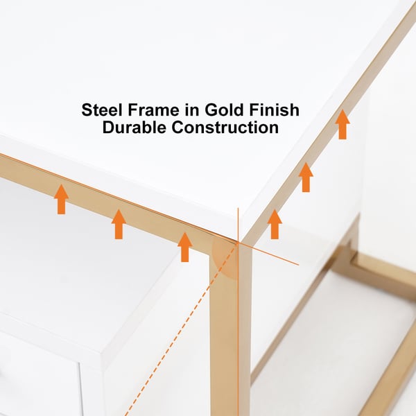 Table d'appoint blanche avec table d'appoint à deux tiroirs en acier inoxydable doré