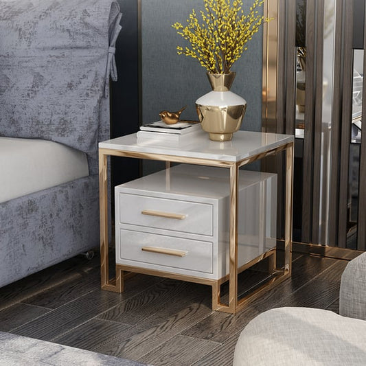 White Side Table with Two-Drawer End Table Stainless Steel in Gold