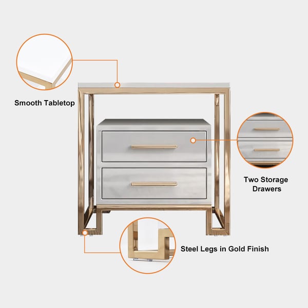 Table d'appoint blanche avec table d'appoint à deux tiroirs en acier inoxydable doré