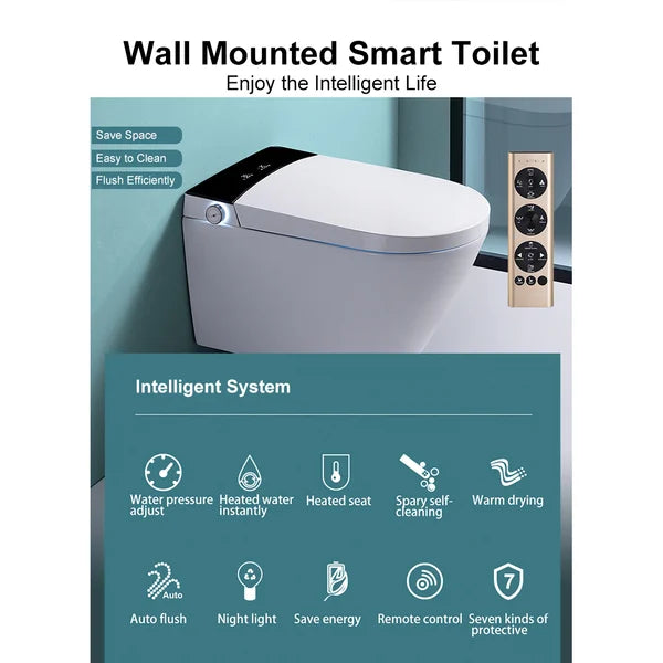 White and Black Elongated One-Piece Wall Mounted Automatic Toilet with In-Wall Tank