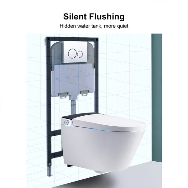 White and Black Elongated One-Piece Wall Mounted Automatic Toilet with In-Wall Tank