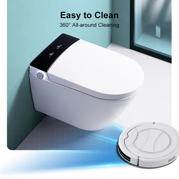 White and Black Elongated One-Piece Wall Mounted Automatic Toilet with In-Wall Tank