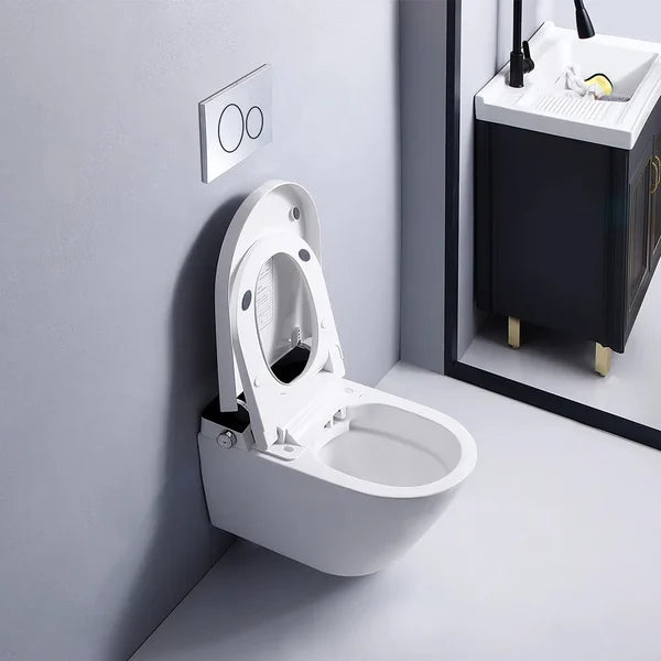 White and Black Elongated One-Piece Wall Mounted Automatic Toilet with In-Wall Tank