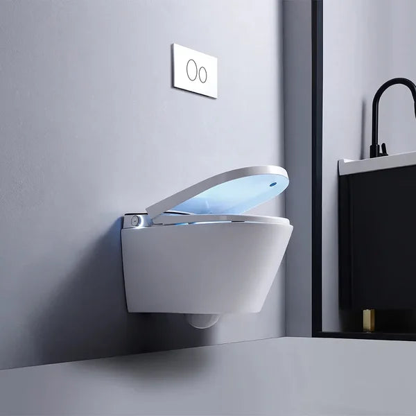 White and Black Elongated One-Piece Wall Mounted Automatic Toilet with In-Wall Tank