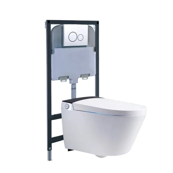 White and Black Elongated One-Piece Wall Mounted Automatic Toilet with In-Wall Tank