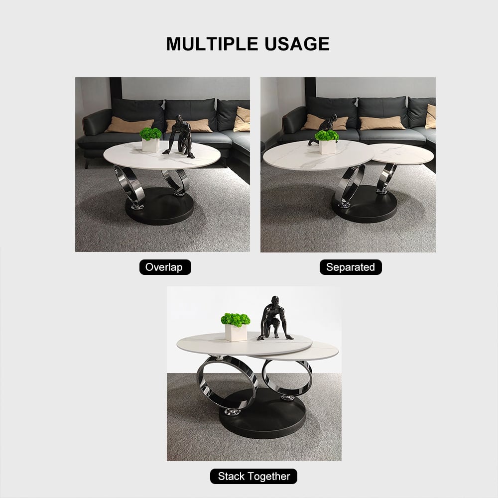 White Extendable Coffee Table with Ring-shaped Metal Pedestal