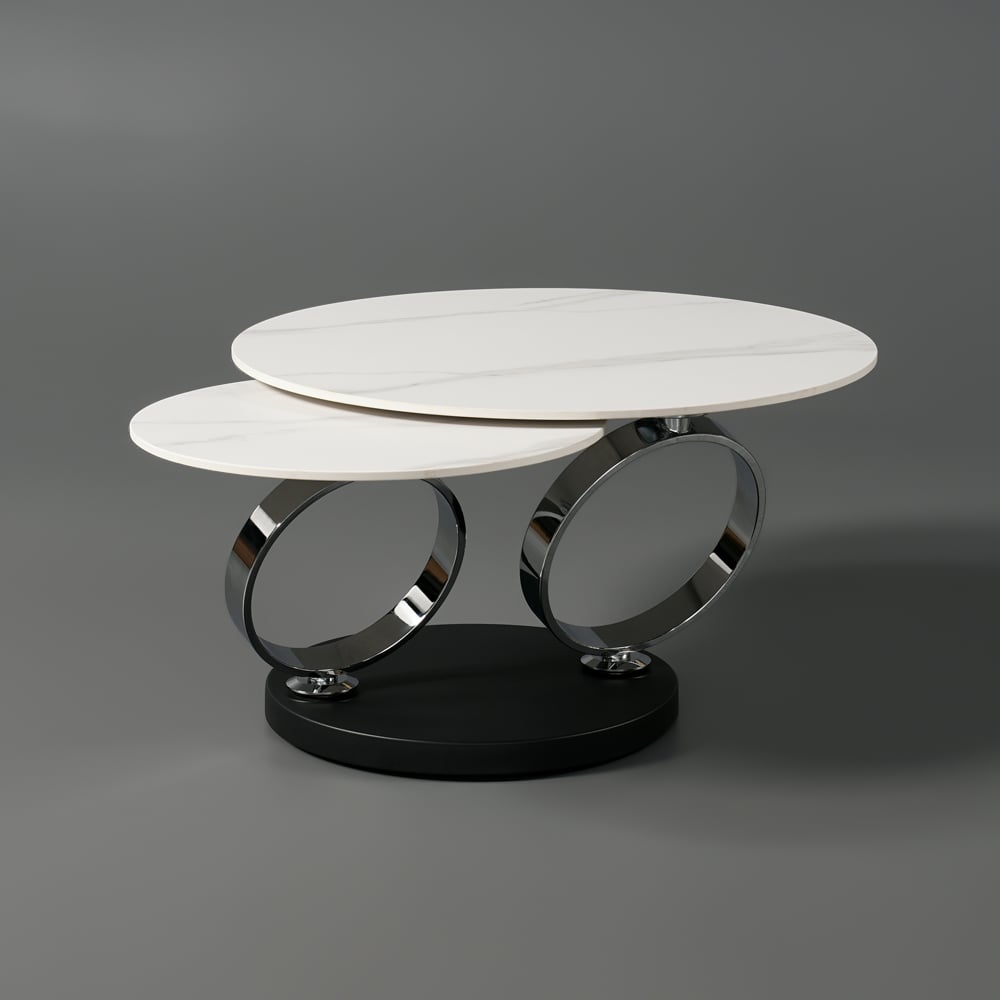 White Extendable Coffee Table with Ring-shaped Metal Pedestal