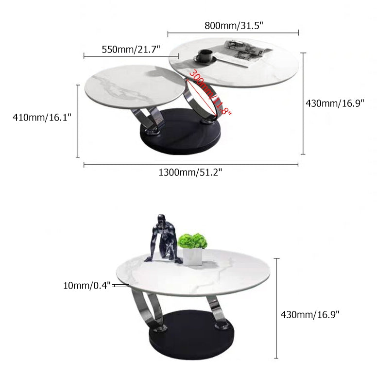 White Extendable Coffee Table with Ring-shaped Metal Pedestal