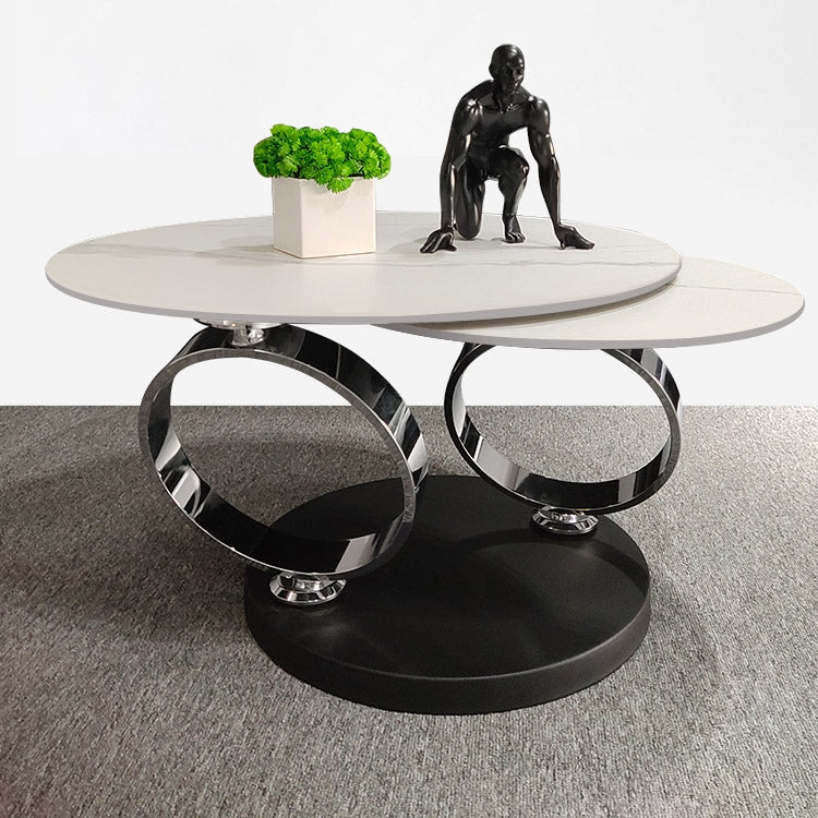 White Extendable Coffee Table with Ring-shaped Metal Pedestal