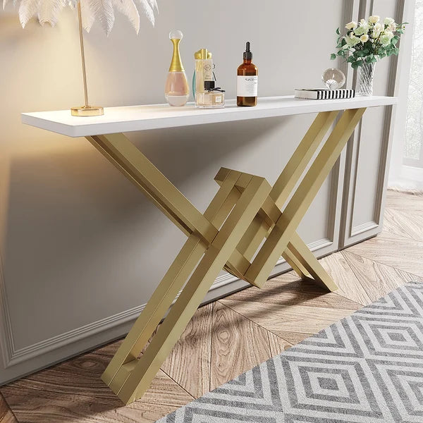 Black/White & Gold Narrow Console Table Accent Table For Entryway X Base & Metal in Small#White-S