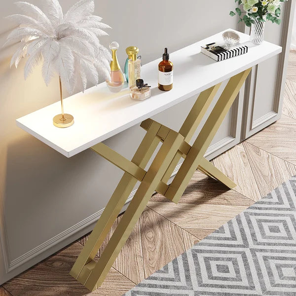 Black/White & Gold Narrow Console Table Accent Table For Entryway X Base & Metal in Small#White-S