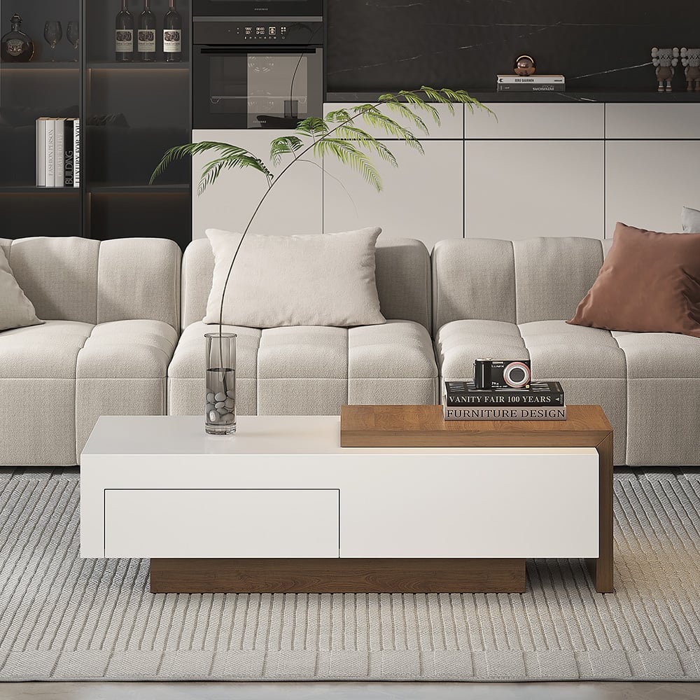 White & Natural Extendable Rectangle Coffee Table with Drawer & Sliding Storage