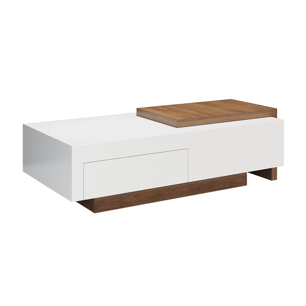 White & Natural Extendable Rectangle Coffee Table with Drawer & Sliding Storage