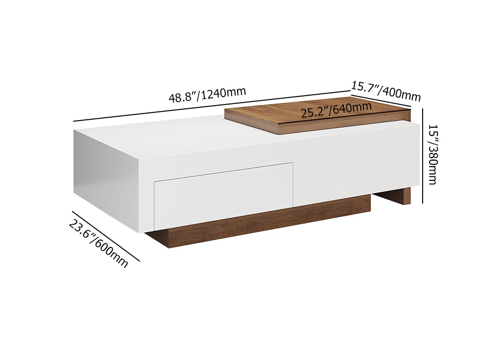 White & Natural Extendable Rectangle Coffee Table with Drawer & Sliding Storage