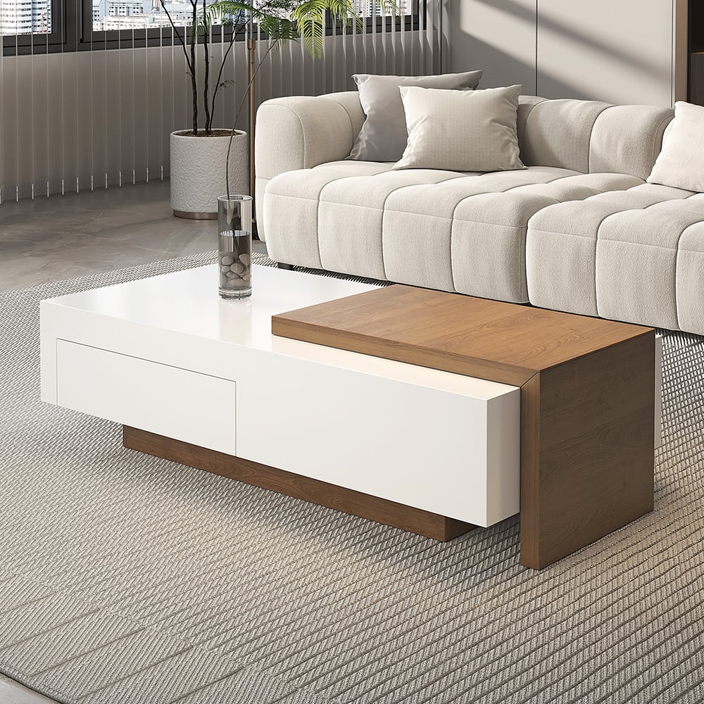 White & Natural Extendable Rectangle Coffee Table with Drawer & Sliding Storage