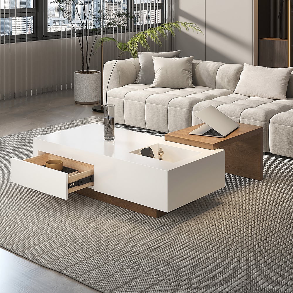 White & Natural Extendable Rectangle Coffee Table with Drawer & Sliding Storage