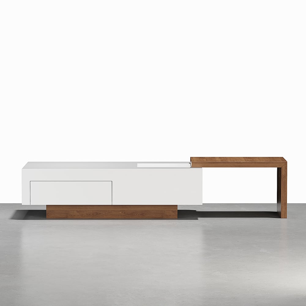 White & Natural Extendable Rectangle Coffee Table with Drawer & Sliding Storage