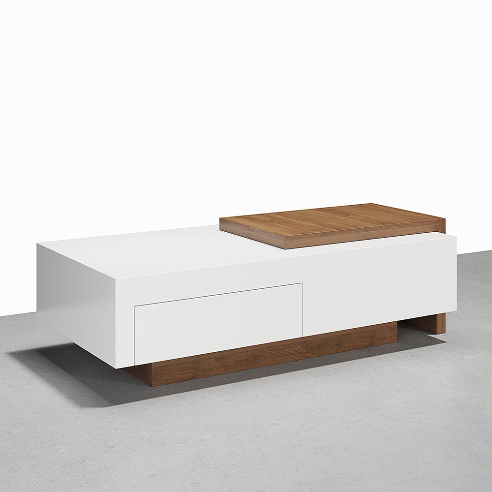 White & Natural Extendable Rectangle Coffee Table with Drawer & Sliding Storage