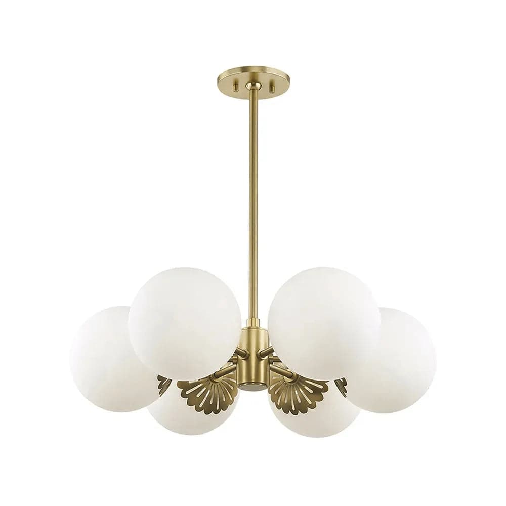 Modern Gold Chandelier 6-Light Semi Flush Light White Glass Shade