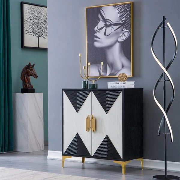 Black and White Sideboard Buffet 2 Doors and 3 Shelves Accent Cabinet Gold in Small