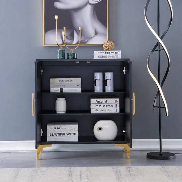 Black and White Sideboard Buffet 2 Doors and 3 Shelves Accent Cabinet Gold in Small
