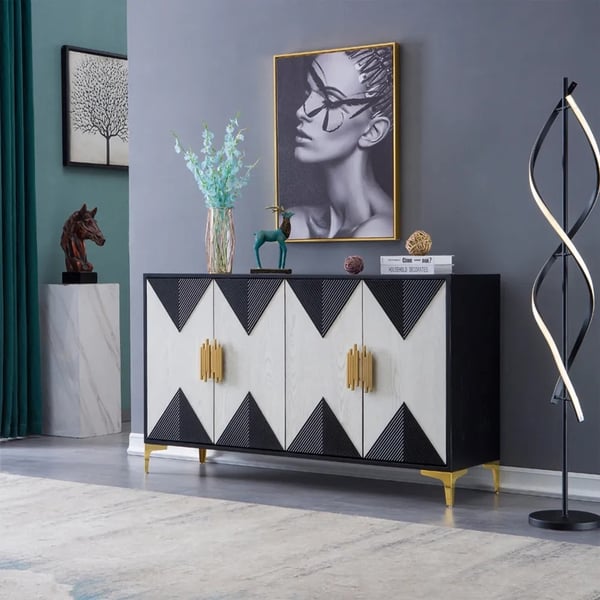 Modern Sideboard Buffet 4 Doors and 6 Shelves Accent Cabinet Gold Finish in Large