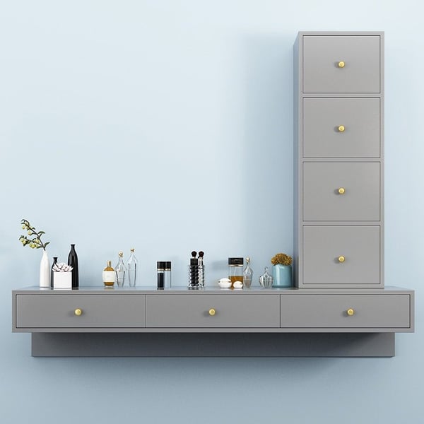 Modern Gray Floating Desk with Drawers Wall Mounted Desk in Pine Wood Frame