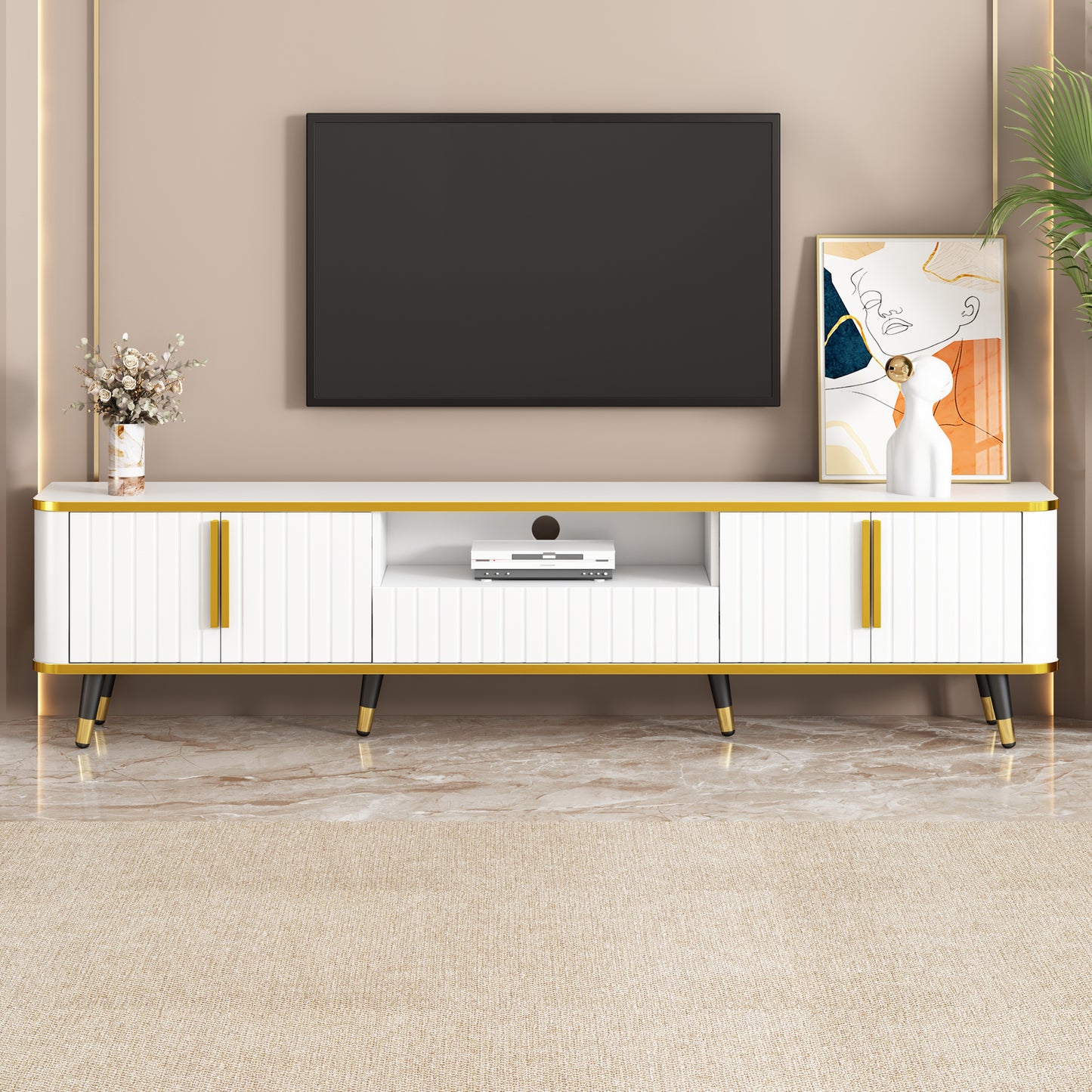 ON-TREND Meuble TV minimaliste de luxe avec étagère de rangement ouverte pour téléviseurs jusqu'à 85", centre de divertissement avec armoires et tiroirs, console multimédia pratique avec pieds uniques pour le salon, blanc